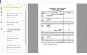 Adobe Accessibility checker of a table that contains content. The checker items are all marked with green checks indicating the document has passed the checker.