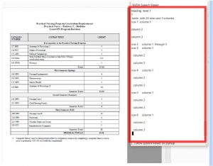 Table with content next to the NVDA Speech Viewing, that is showing none of the table's actual text contents, only the Headings, table description and column and row number