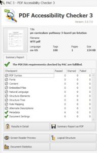 PAC 3 PDF Accessibility Checker showing that the PDF/UA requirements checked by the PAC checker have been fulfilled. Closer examination shows that for each checkpoint listed, 0 items passed, 0 items warned, and 0 items failed. The pack checker detected no content.