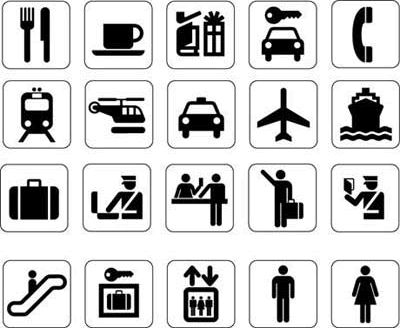 Commonly used travel icons including Knife/fork, coffee, gifts, locksmith, phone, train, helicopter, car, plane, boat, suitbase, security, service, assistance, police, escalator, lockers, elevator, men's and women's lavatory