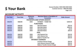 Sample statement with table of account activity highlighted to demonstrate batch processing
