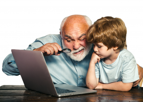 Parent helping a child learn remotely on a laptop