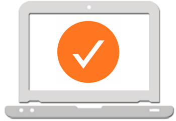 Laptop with orange checkmark on screen