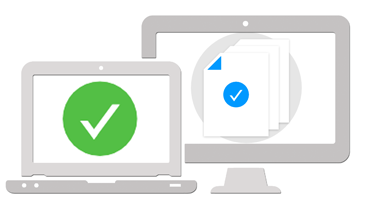 Laptop with green checkmark on screen and computer with documents and blue checkmark on screen