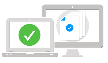 Laptop and desktop computer with documents and checkmarks on their screens
