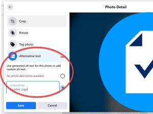 Facebook post edit window with Alternative Text option circled.