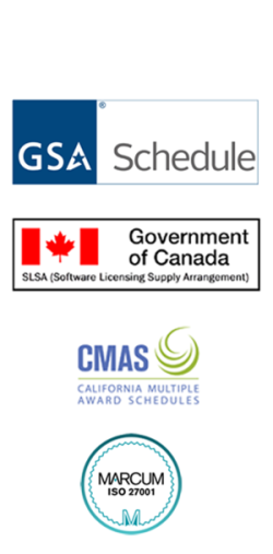 Logos: GSA Schedule, Canadian Software Licenseing Supply Arrangement (SLSA), California Multiple Award Schedules (CMAS), and Marcum ISO 17011 Security seal
