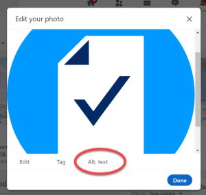 Accessibility in social media: LinkedIn window featuring an image in a post with the Alt Text button circled.