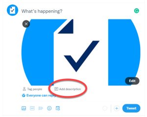 Accessible Platform: Twitter post featuring image with Alt Text button circled.