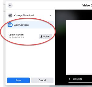Facebook post video edit window with Add Captions option circled. 