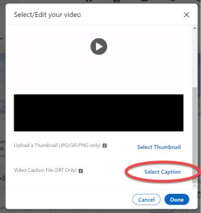 LinkedIn post with video, with Select Caption option circled.
