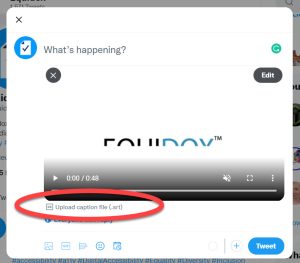 Twitter post with video, with Upload Caption File circled. 