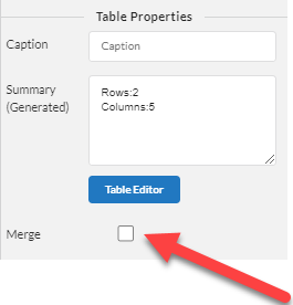 Equidox Table Editor properties showing Merge button