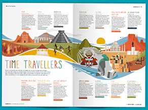Travel magazine pages with a cartoon map and text corresponding to locations above and below the areas