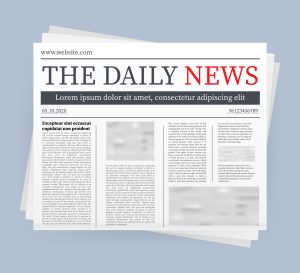 Newspaper mockup showing multiple columns of articles