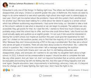 Screenshot of Melissa Riccobono's Facebook post. Text of the post is found in the article below. 