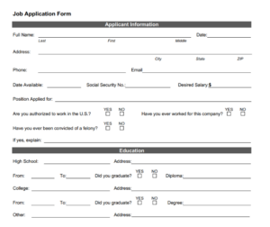 JOb application form with instructions left and beneath the form fields. 
