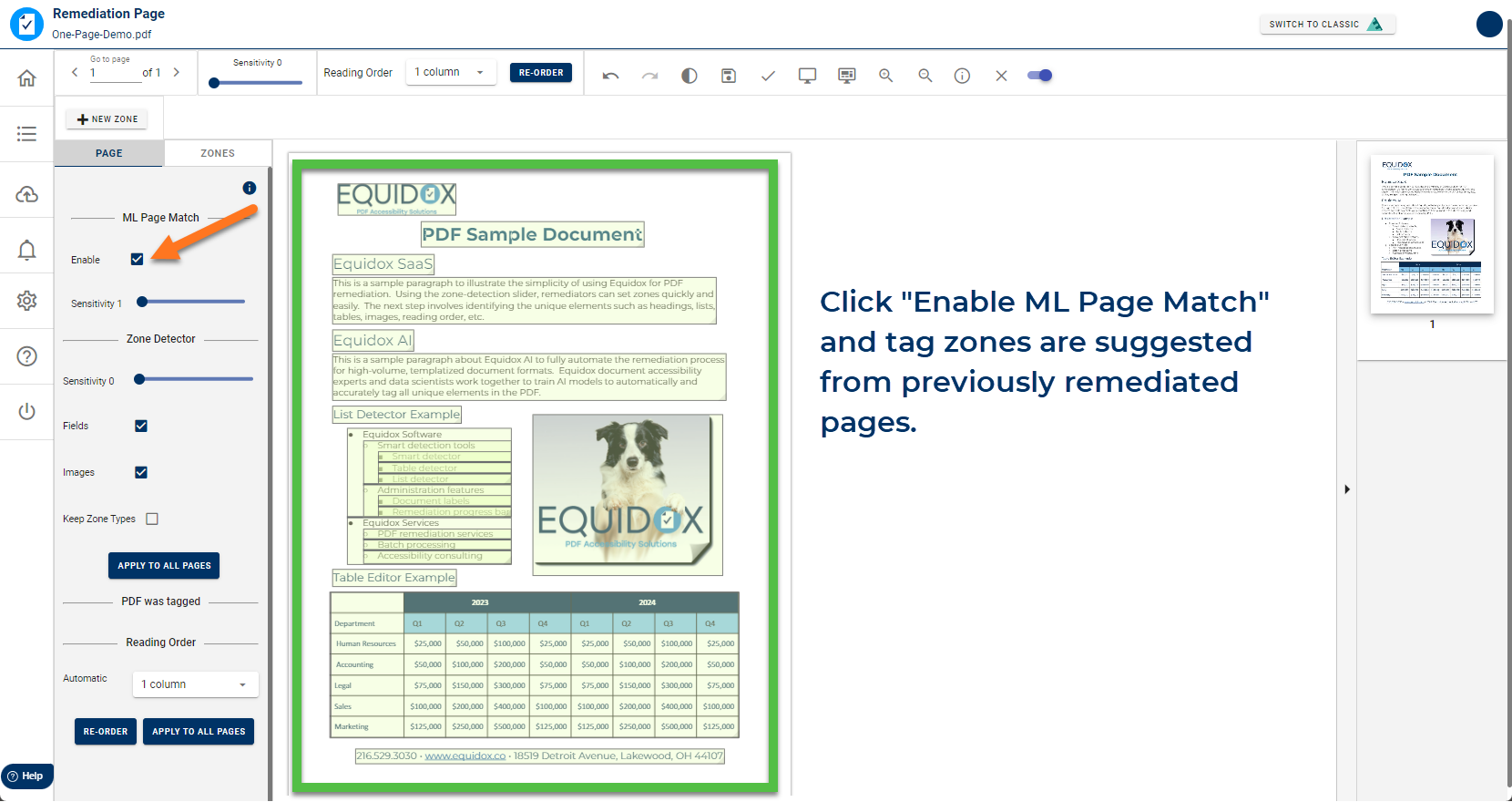 Screenshot of Equidox software Page Match feature, showing the Enable checkbox in the ML Page Match section.