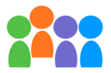 Four figure icons in green, orange, purple and bright blue